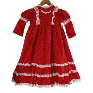 Bryan Vintage Grils Long Red White Polka Dot Lace 70s Dress Size 2T